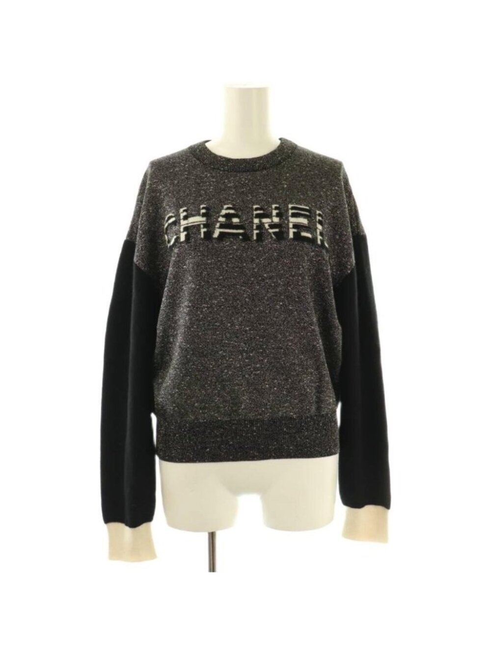 Chanel Cashmere Logo Knit Sweater Long Sleeve Blend 36 Black Ivory
